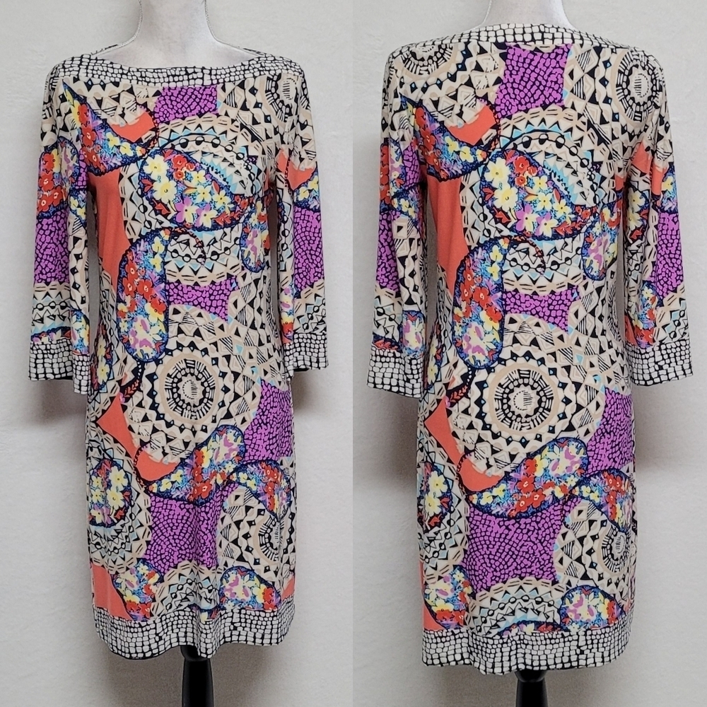 Eci Multi-color Abstract Boho Print Round Neck Midi Dress 4